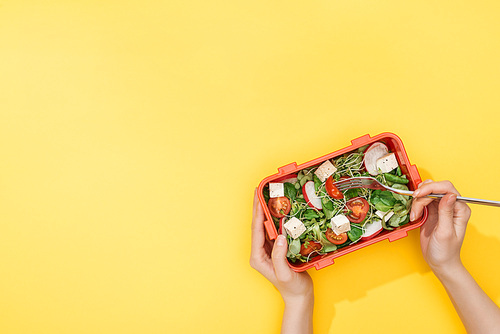 cropped view of woman holding lunch box on yellow background