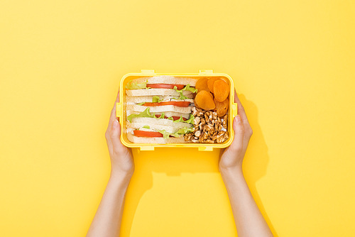 cropped view of woman holding lunch box with nuts, dried apricots and sandwiches in woman hands