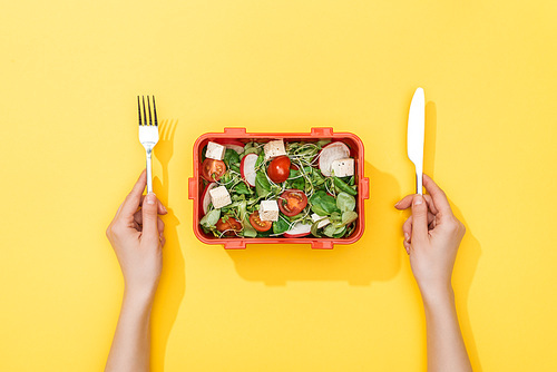 cropped view of woman holding fork and knife over lunch box with salad