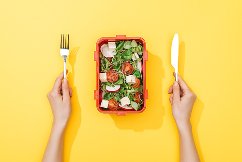 cropped view of woman holding fork and knife over lunch box with salad