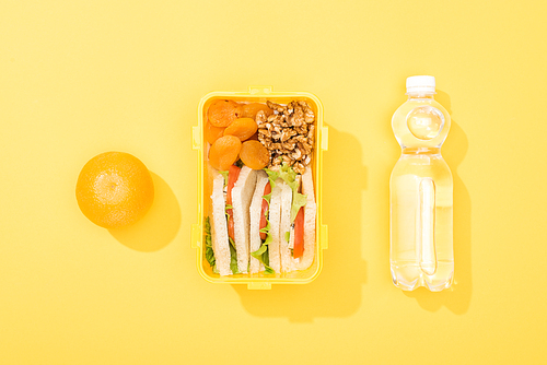 top view of lunch box with sandwiches, nuts, dried apricots near bottle with water and orange
