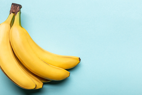 top view of ripe yellow bananas on blue background with copy space