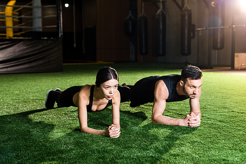 handsome athletic man and attractive woman doing plank exercise on grass