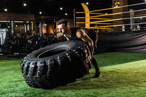 strong athletic man working out with huge car tire on green grass