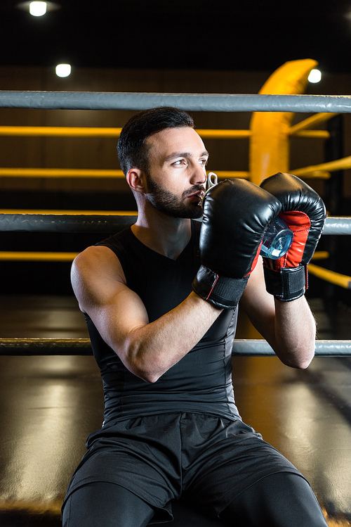 handsome man in boxing gloves drinking water in sports center