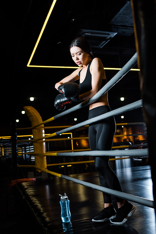 low angle view of athletic woman looking at boxing gloves while standing near sport bottle