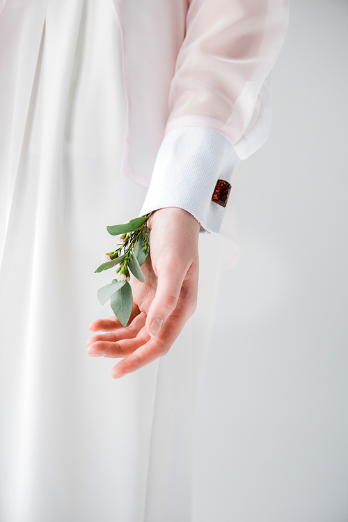 cropped view of young woman standing with eucalyptus leaves and flowers in hand on grey