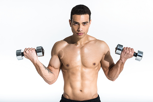 handsome mixed race man holding dumbbells and  on white