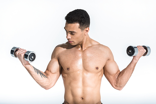 good-looking athletic mixed race man with muscular torso holding dumbbells on white
