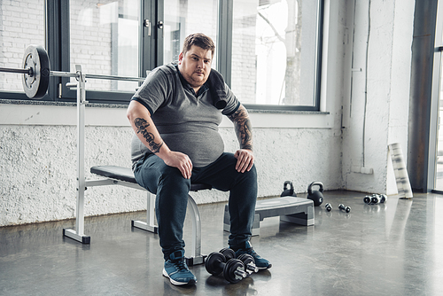 tired Obese man sitting on bench and Looking At Camera after exercising with dumbbells at gym