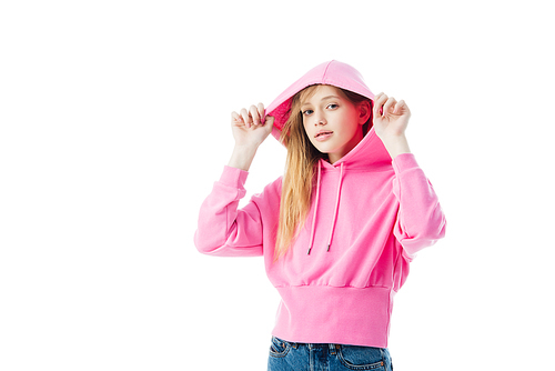 stylish teenage girl in pink hoodie  isolated on white