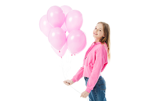 happy teenage girl with pink balloons  isolated on white