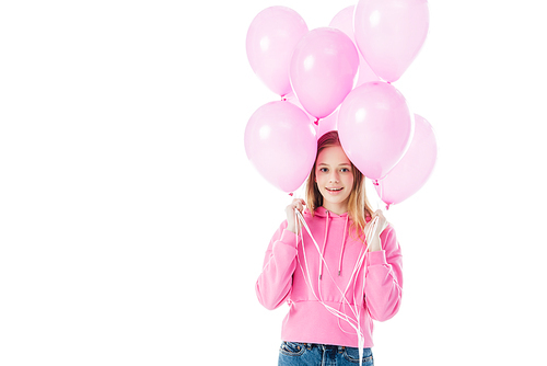 happy teenage girl holding pink balloons isolated on white