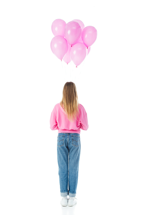 back view of teenage girl with pink balloons isolated on white