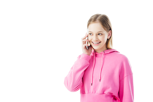 happy teenage girl in pink hoodie talking on smartphone isolated on white