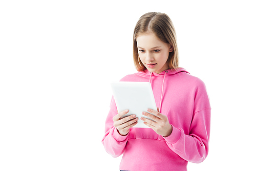 smiling teenage girl using digital tablet isolated on white