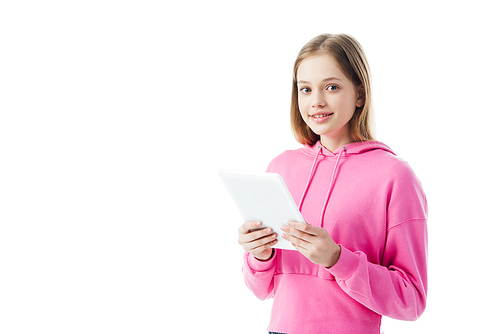 cheerful teenage girl holding digital tablet isolated on white