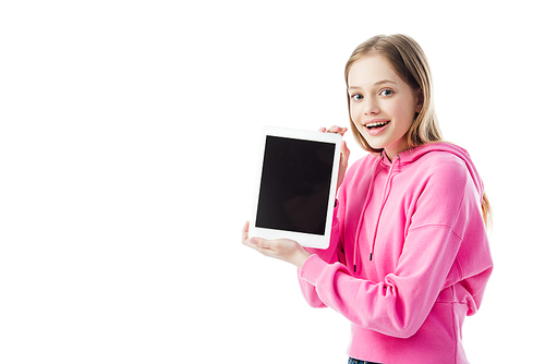 happy teenage girl holding digital tablet with blank screen isolated on white