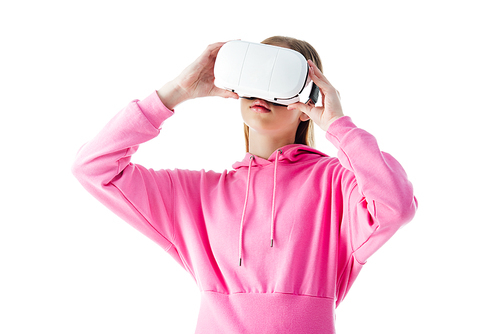 teenage girl in pink hoodie wearing vr headset isolated on white