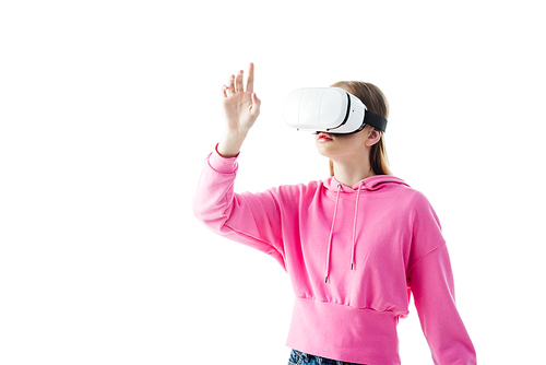 teenage girl in pink hoodie wearing vr headset and gesturing isolated on white