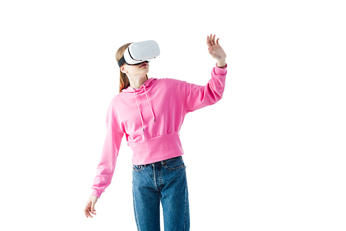 teenage girl in pink hoodie and jeans wearing vr headset and gesturing isolated on white