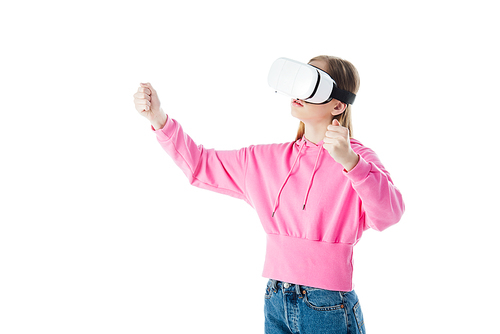 teenage girl in pink hoodie with vr headset gesturing isolated on white