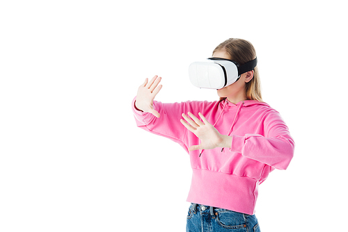 teenage girl in vr headset gesturing isolated on white