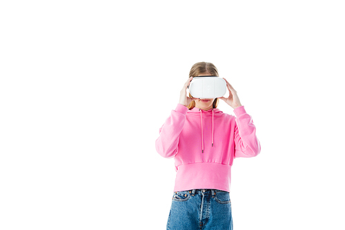 teenage girl in pink hoodie touching vr headset on eyes isolated on white