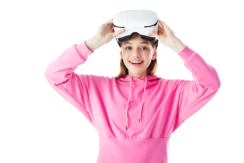 happy teenage girl in pink holding vr headset isolated on white