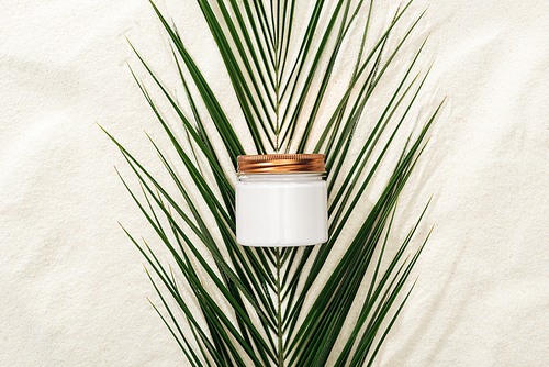 white cosmetic cream on green palm leaf on sand