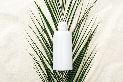 white sunscreen lotion on green palm leaf on sand