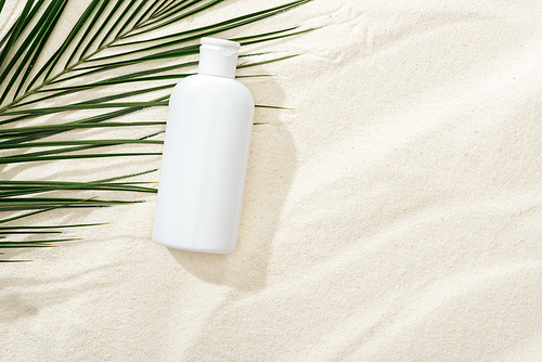 white sunscreen lotion near green palm leaf on sand
