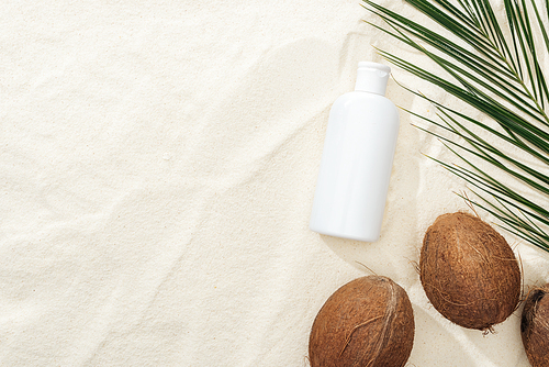 top view of palm leaf, coconuts and sunscreen product on sand
