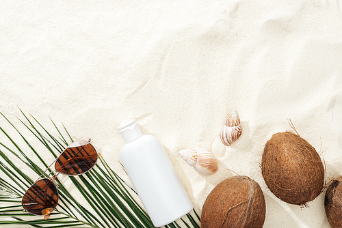 top view of seashells, coconuts and sunscreen lotion, sunglasses and palm leaf on sand
