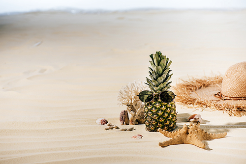 pineapple with sunglasses, starfish, Straw Hat and sea stones on sandy beach with copy space