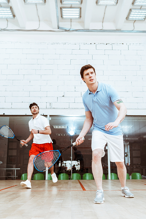 Full length view of two sportsmen playing squash with rackets in four-walled court