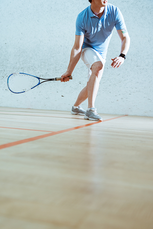 Partial view of sportsman in blue polo shirt playing squash