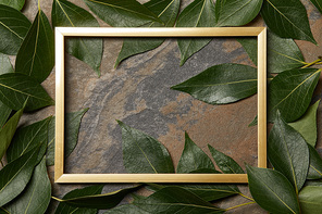 top view of empty golden frame on stone background with copy space and green fresh leaves