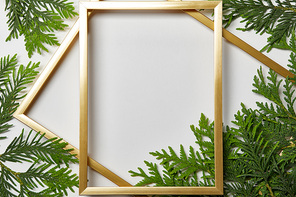 top view of empty golden frames on white background with copy space and fern green leaves
