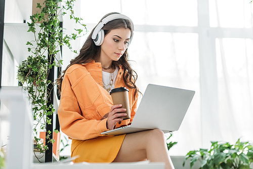 attentive young woman holding coffee cup while using laptop and listening music in headphones