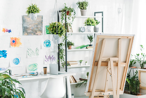 spacious room with rack, easel, potted plants and paintings on wall