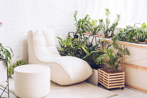 white soft chaise lounge and pouf in room with lush green plants