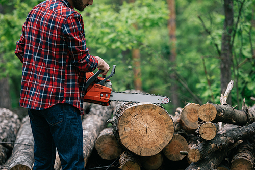 partial view of lumberjack cutting trunk with chainsaw in forest