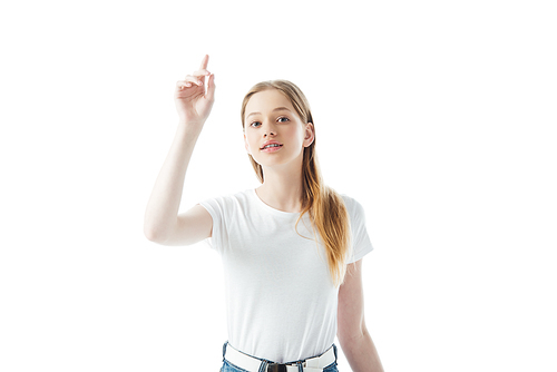 teenage girl with raised hand isolated on white