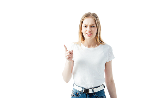 angry upset teenage girl pointing with finger isolated on white