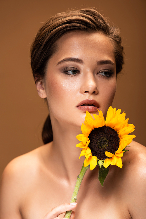 beautiful young naked woman with yellow sunflower looking away isolated on brown