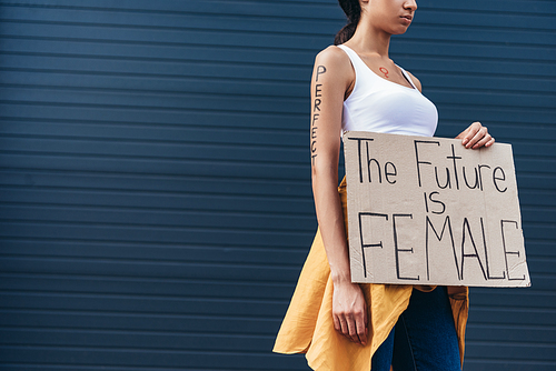 cropped view of feminist with word perfect on arm holding placard with inscription the future is female