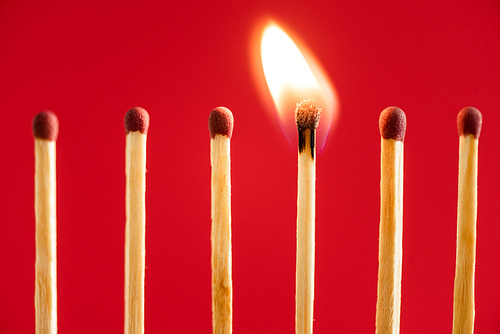 Match with fire among burned matches on red
