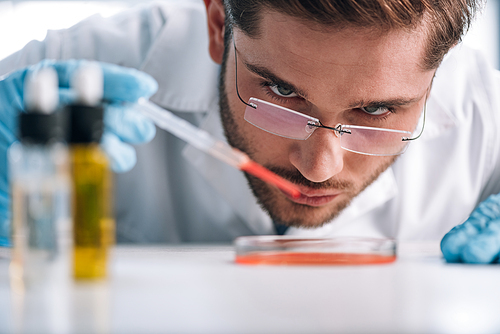 selective focus of immunologist holding pipette with red liquid