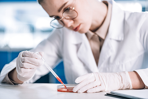 selective focus of attractive immunologist in eye glasses holding pipette with red liquid in laboratory